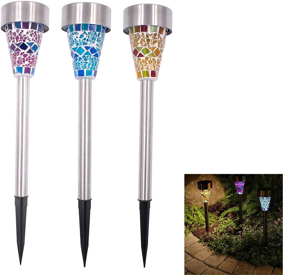 Uonlytech Solar Lawn Lamp, Solar Power Stainless Steel Mosaic Lawn Lamp, Solar Garden Lights for Yard Walkway Lawn Patio Driveway(3 Pcs,Blue,White Light)
