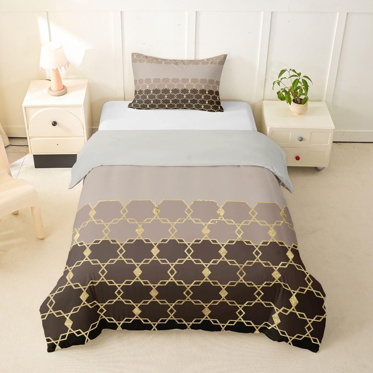 Grey Black Hexagon Kids Comforter Cover Geometric Honeycomb Duvet Cover Toddler Size Yellow Gradient Abstract Bedding Set For Boys Girls Teens Adult Farmhouse Hexagonal Bed Set With 1 Pillow Case