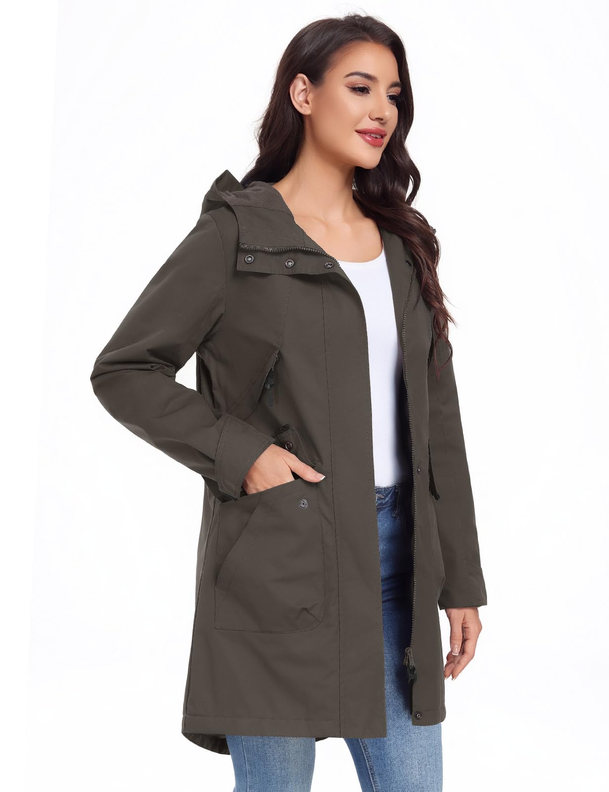 Vancavoo Übergangsjacke Damen Wintermantel Lang Leichte Jacke mit Kapuze Softshellmantel Übergang Mantel Parka Übergangsmantel für Frühling Herbst