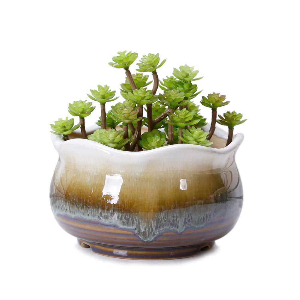 VanEnjoy Large Ceramic Succulent Pot, Multicolor Colorful Flowing Glazed, Indoor Home Décor Cactus Flower Bonsai Pot Planter Container, Candle Holder Ring Bowl (Brown C)