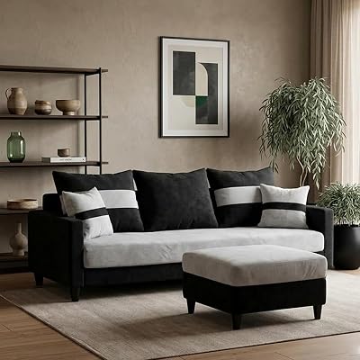 Chase 3 Seater Velvet Fabric Sofa Set with Ottoman (Black - Light Gray) | Premium Soft Velvet | Plush Comfort Cushions | Modern Living Room Sofa