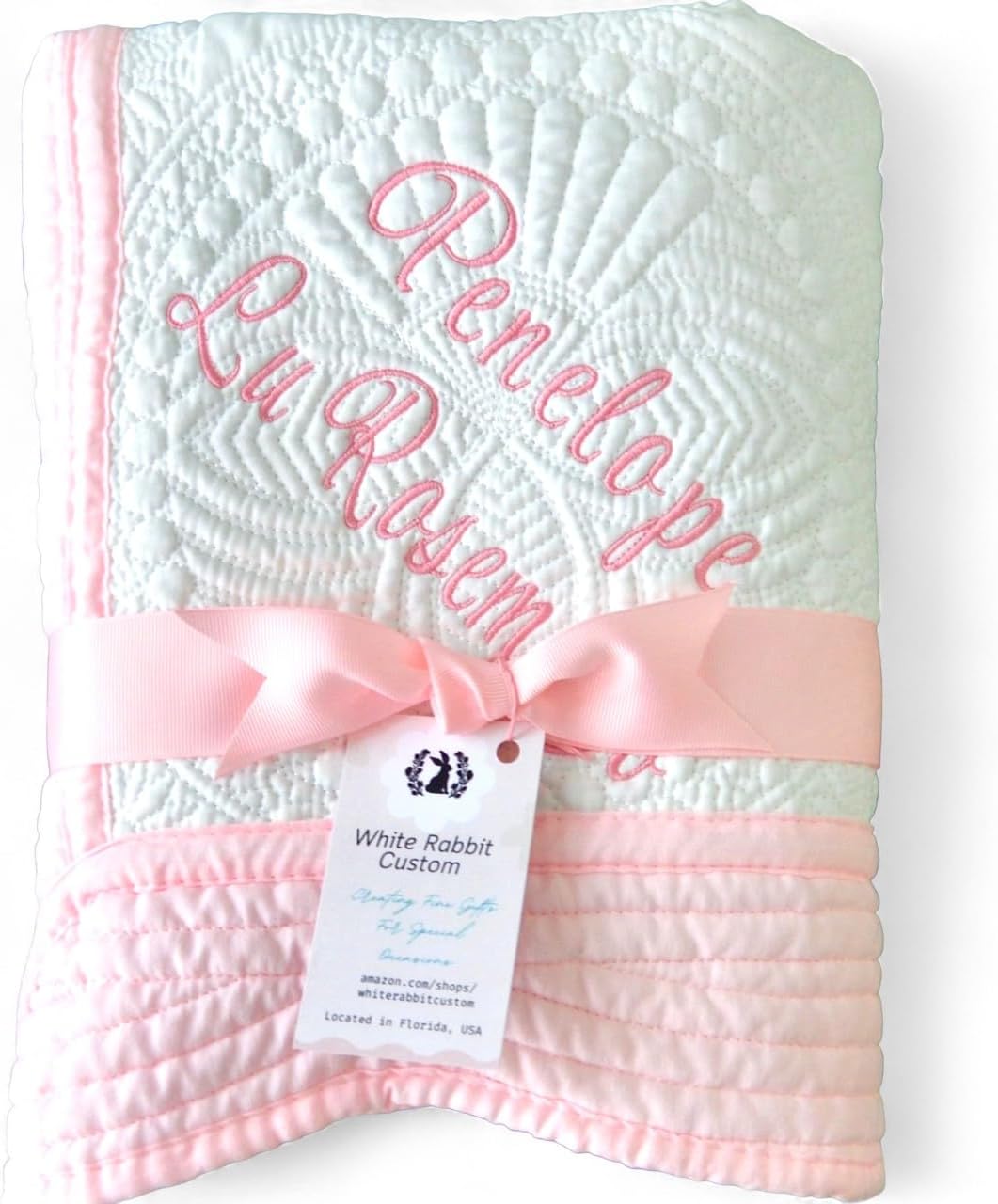 Personalized Baby Blanket Quilt with Name Date Newborn Gift Girl Boy Crib Size White Cotton Custom Pink Blue White Embroidered Nursery