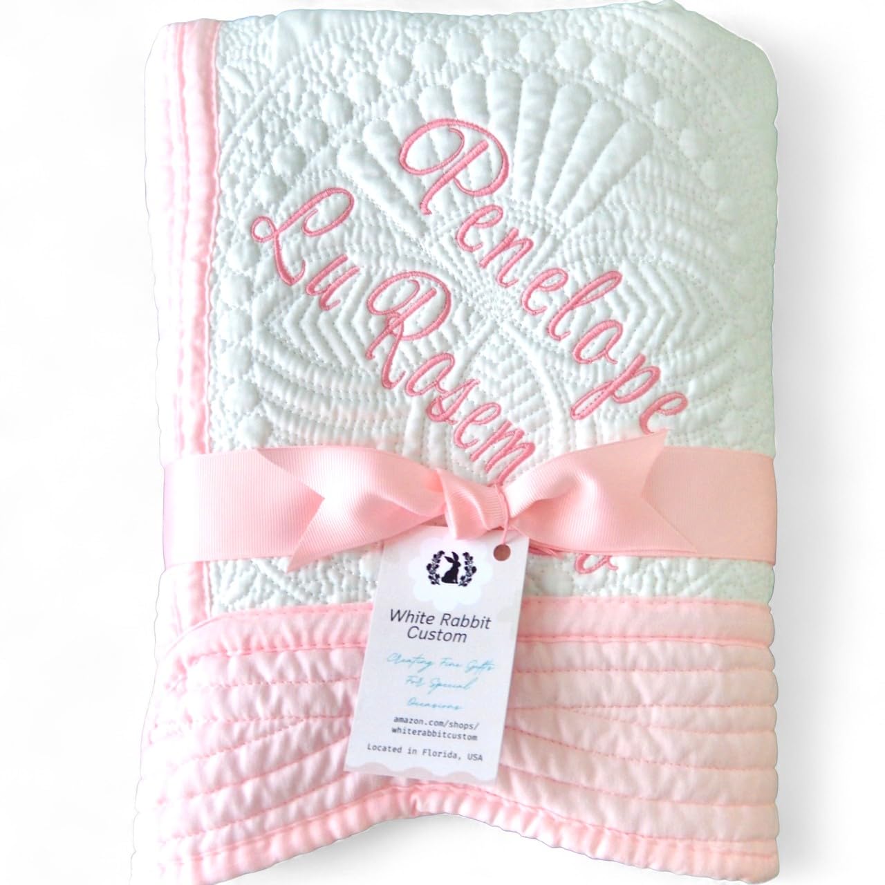 HandmadePersonalized Baby Blanket Quilt Embroidered Heirloom With Name And Date Monogrammed Baptism Baby Gift Girl Boy Crib Size White Custom New Baby Nursery Decor