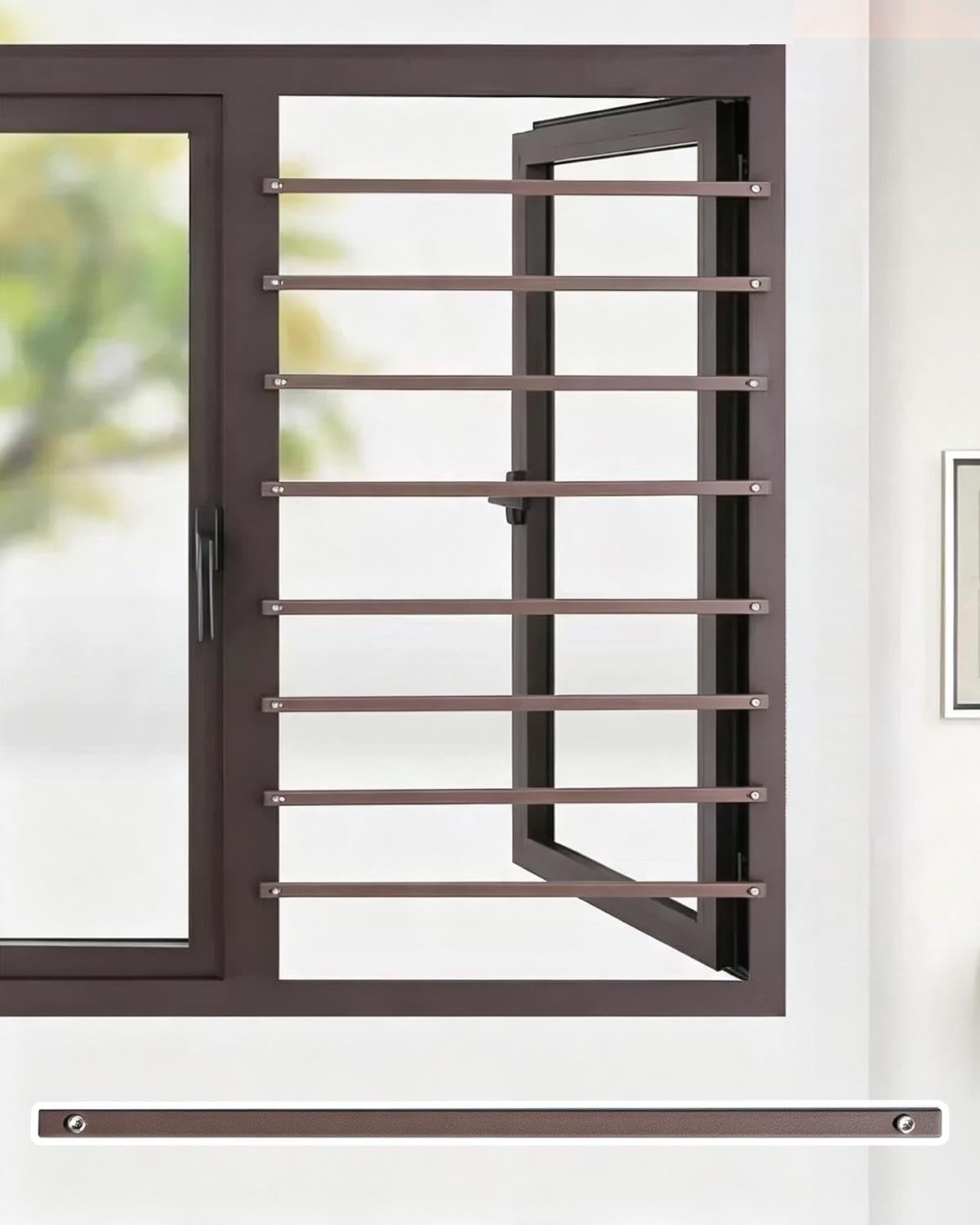 Inferriate per Finestre Barre di Sicurezza per Finestre Senza Foratura | Griglie di Sicurezza Anticaduta per Porte (animali Domestici e Bambini) e Protezioni(Brown,Inner Width-88cm/34.6in)