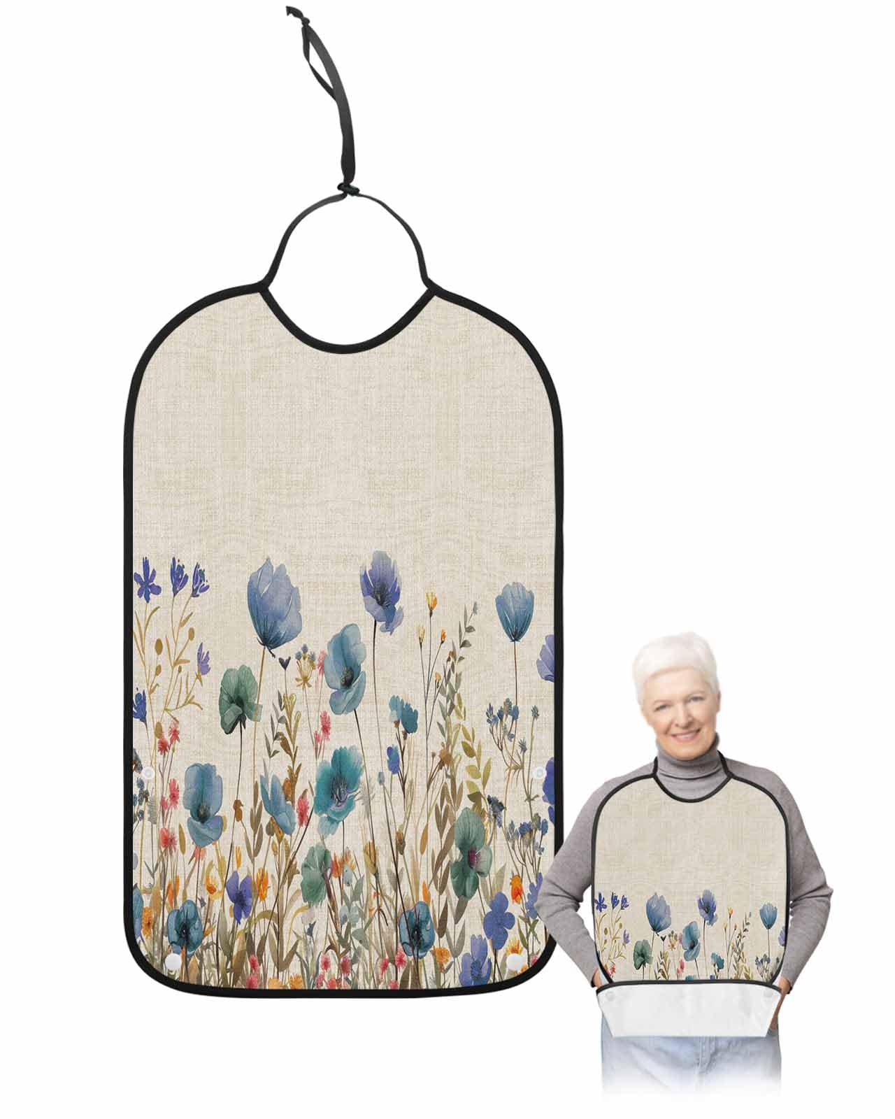 LEOKOTI Blue Teal Spring Floral Adult Bibs for Eating, Waterproof Bibs with Food Catcher & Snap Closure, Watercolor Botanical Summer Flowers Washable Clothing Protectors Adult Bibs for Elderly