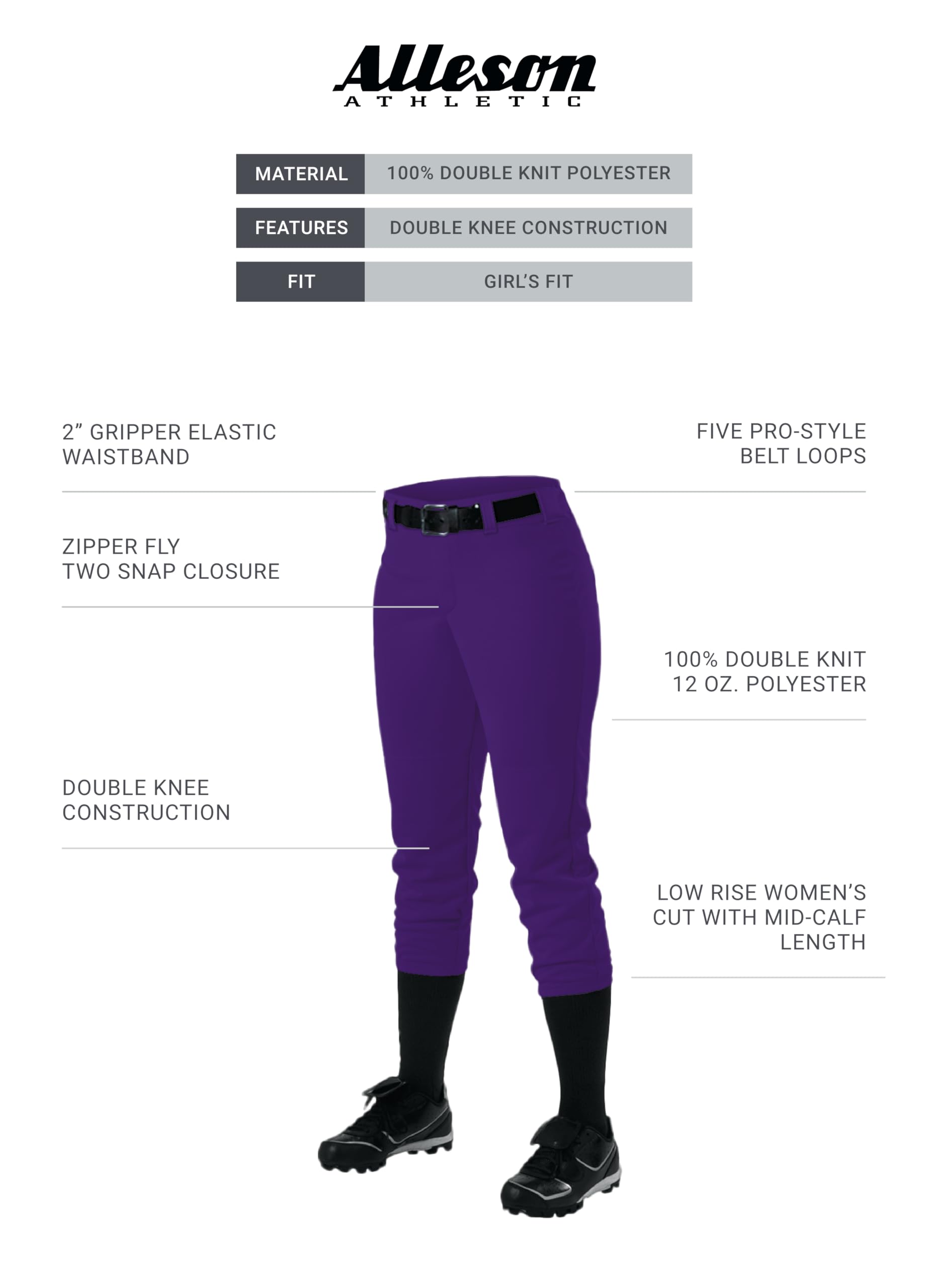Alleson Athletic Girls Belt Loop Fastpitch Pant – Five Pro-Style Fit, Moisture-Wicking & Durable Fabric, Purple, X-Large