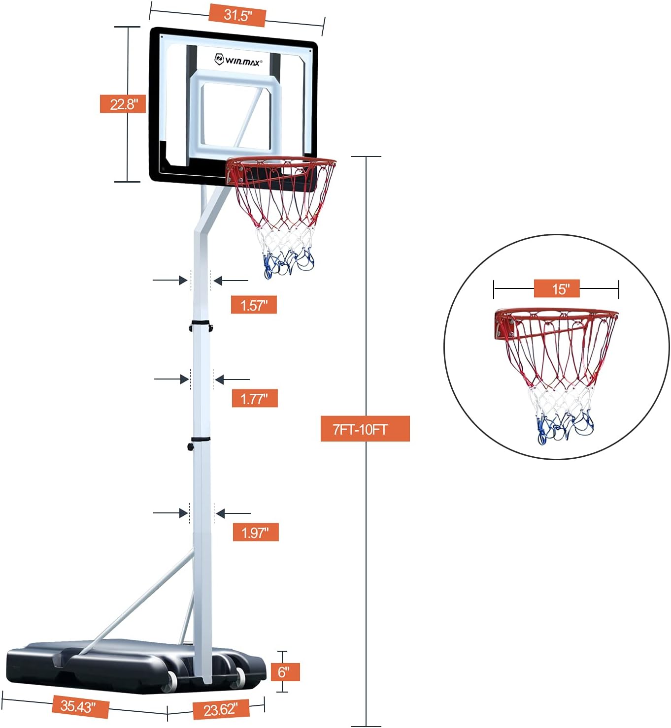 WIN. MAX 32 Inch Portable Basketball Hoop Goal Height Adjustable 7 FT to 10 FT PVC Backboard and Strong Base Stainless Steel Bracket for Kids & Adults Indoor Outdoor Equipment : Sports & Outdoors
