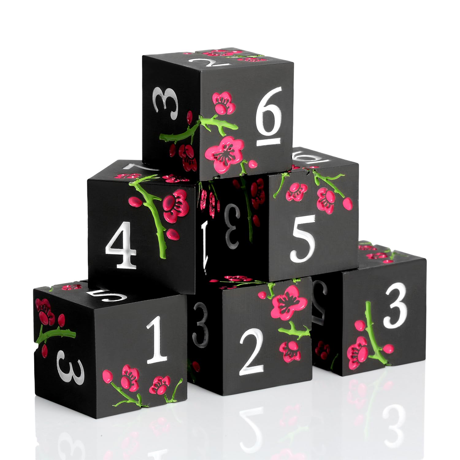 DNDND D6 Flower Metal Dicet, 6 PCS Six Sided Zinc Dice with Black Velvet Bag for DND Pathfinder Shadowrun or GURPs (Pink Flowers with Black)