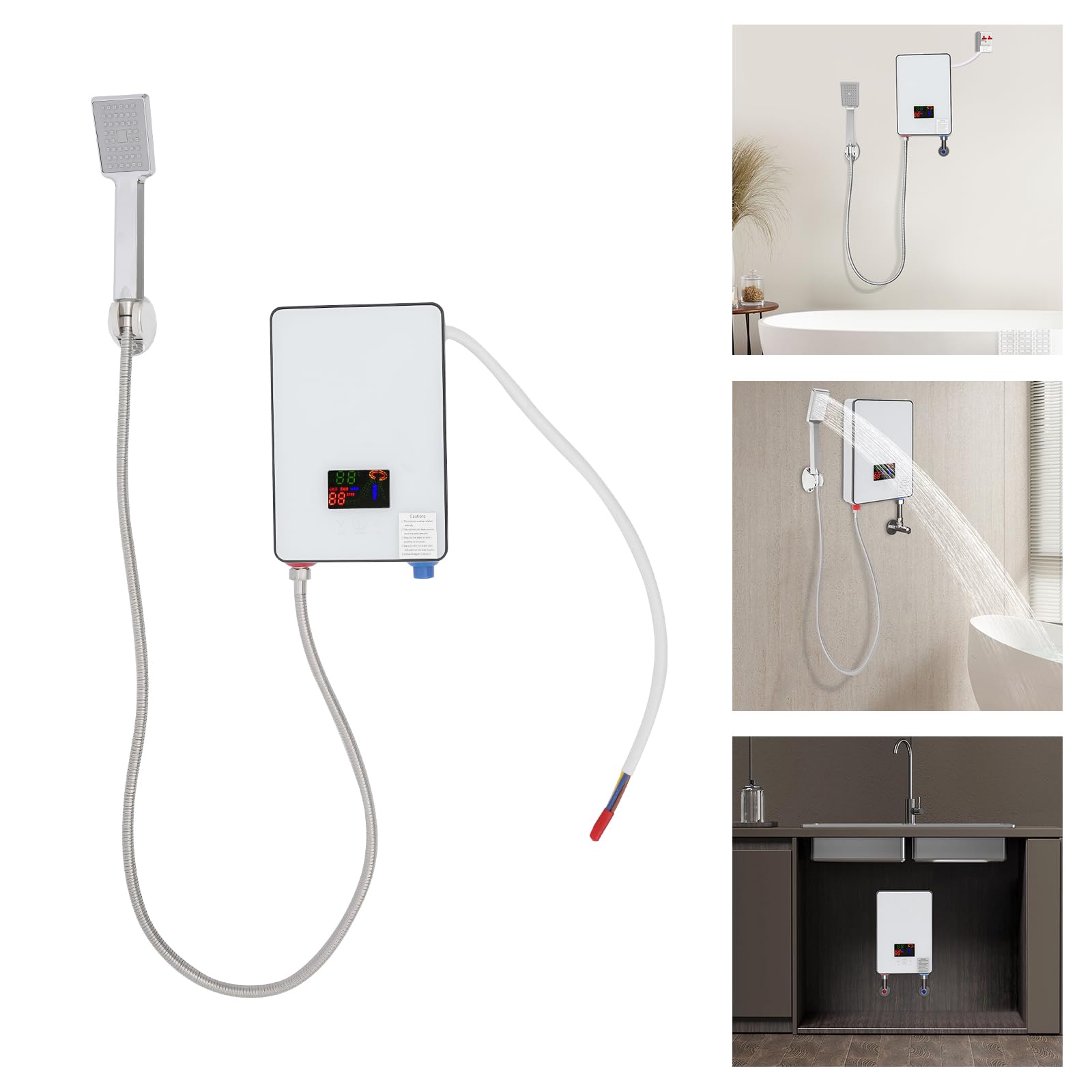 Scaldacqua istantanea 6500 W, scaldabagno elettrico con display touch a LED, regolabile in temperatura, scaldabagno, IPX24, impermeabile, con doccetta e set doccia, per bagno, doccia, cucina, casa