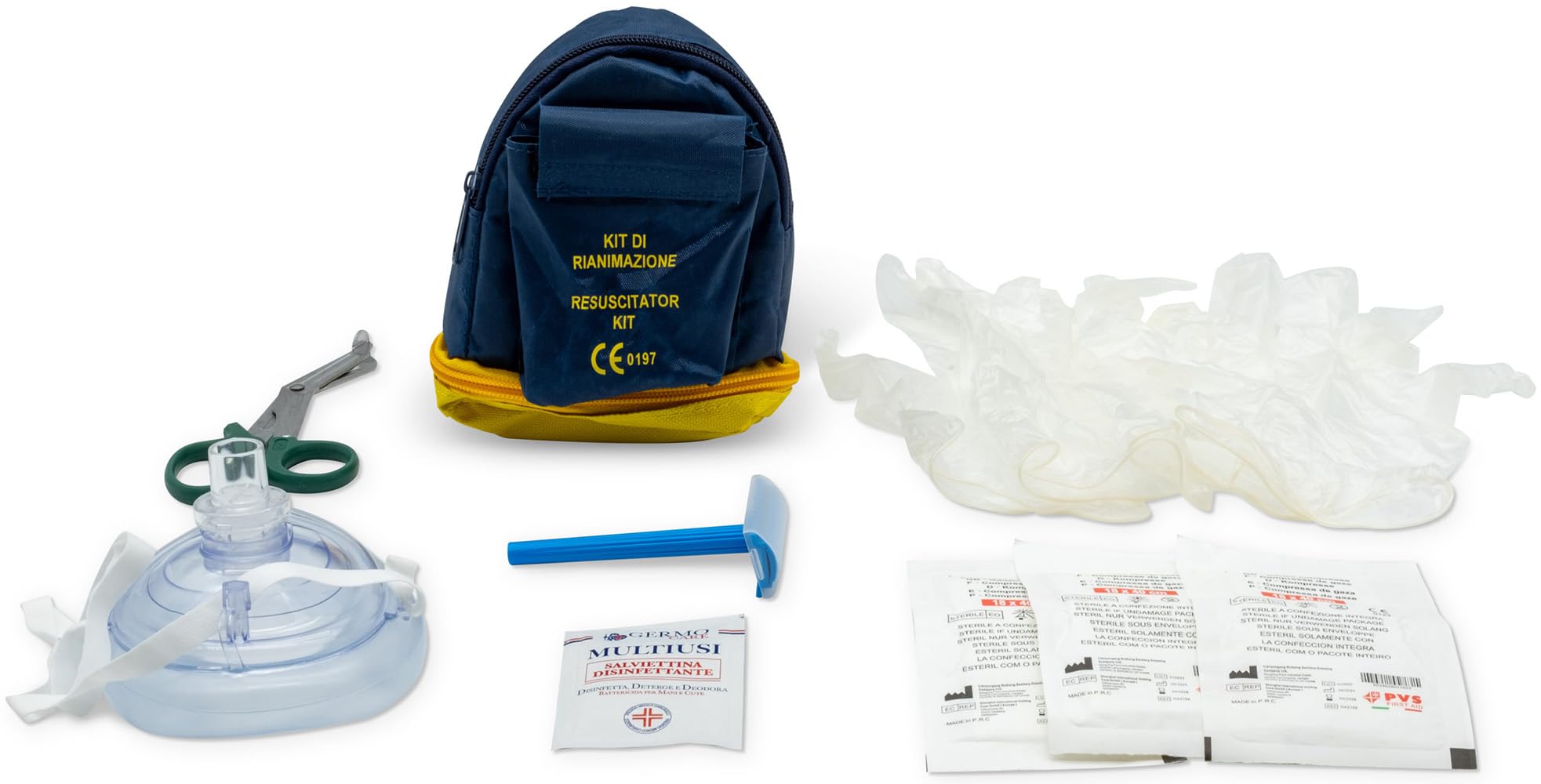 Kit accessori defibrillatore in borsa (pocket protezione bocca naso, rasoio, salviette disinfettanti, guanti, Forbici)