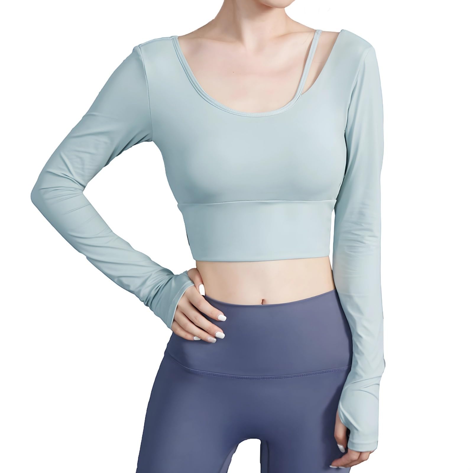 Long Sleeve Crop Top With Built-In Bra For Women, Nylon Spandex Moisture-Wicking Athletic Shirt, Sizes S-2Xl For Gym & Yoga