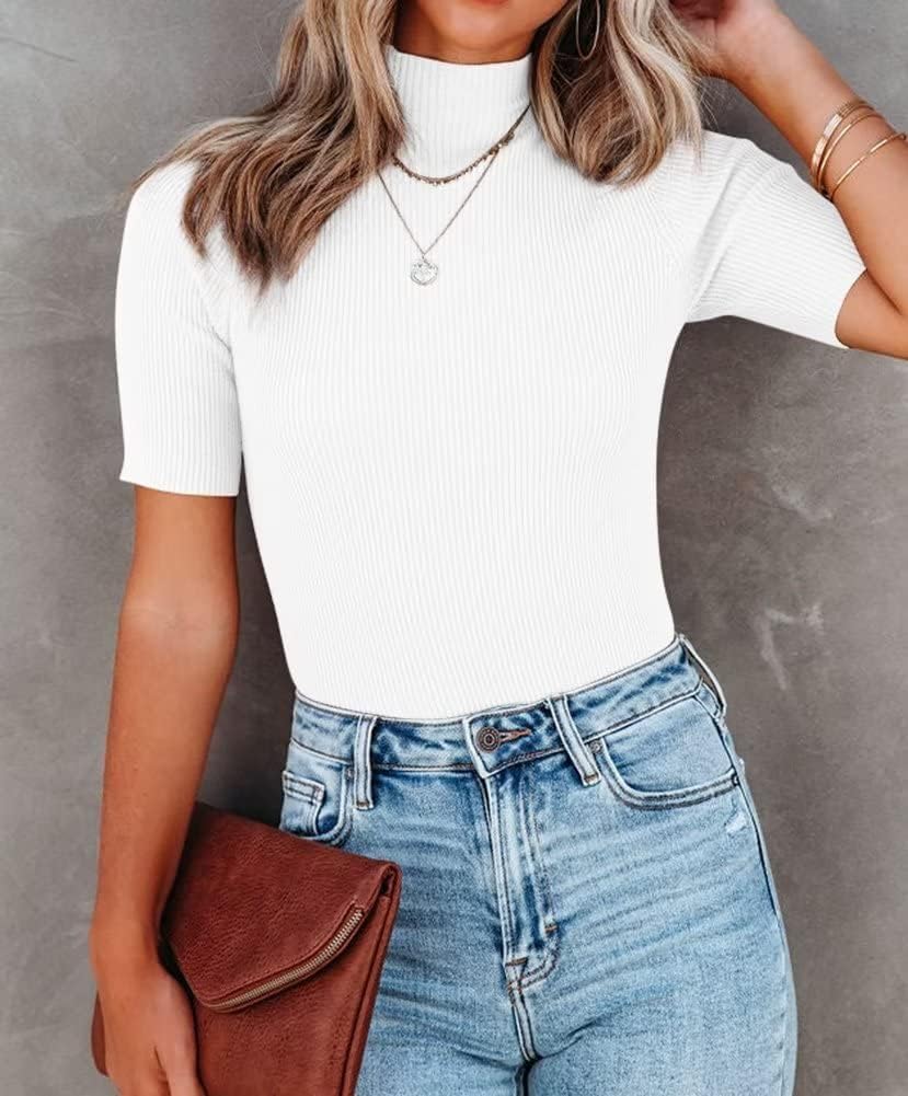 Lacozy Women Casual Short Sleeve Shirt Basic Mock Neck Top Slim Fit Ribbed Knit Pullover Sweater - Image 2