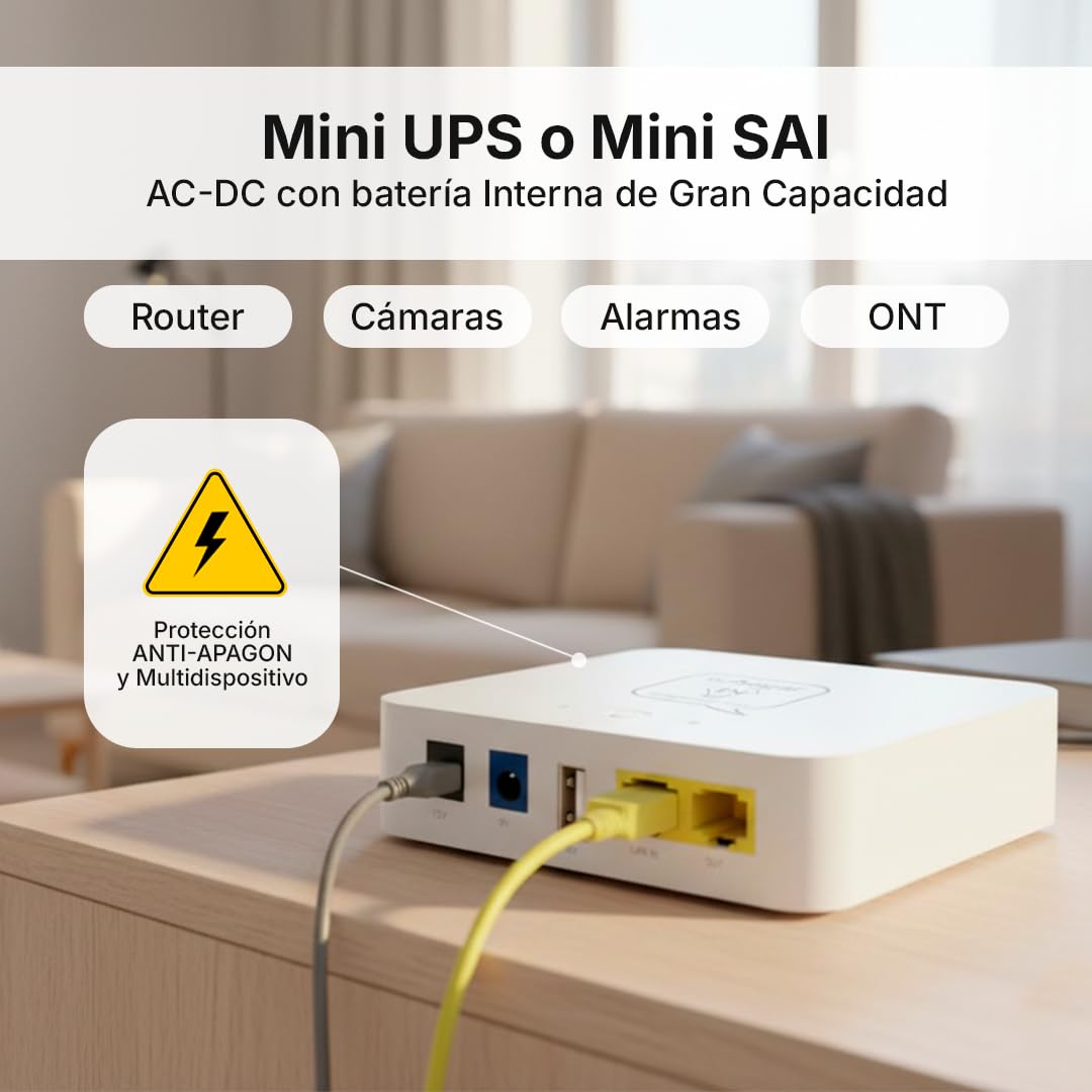 Mini UPS | Mini SAI AC-DC con Batería Interna 8800mAh | Salidas 5V/9V/12V/PoE | Ligero y Compacto Ideal para routers, cámaras IP, alarmas y Dispositivos DC, Protege Ante Cortes de luz y sobrecargas