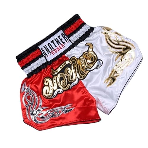 Uwithdanceme Pantalones cortos de lucha bordados tailandeses Muay Thai, pantalones cortos de lucha para artes y combate, kickboxing, gimnasio, entrenamiento (talla L, rojo y blanco)