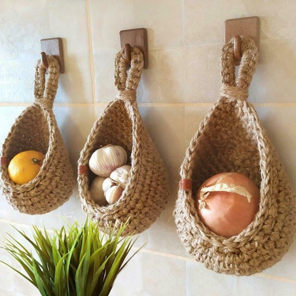 Hanging Wall Baskets, Kitchen Fruit Storage Organiser, Hand Woven Wall Mounted Vegetable And Fruit Basket,Handmade And Green Activity(E（W27 X H26 X33cm）)