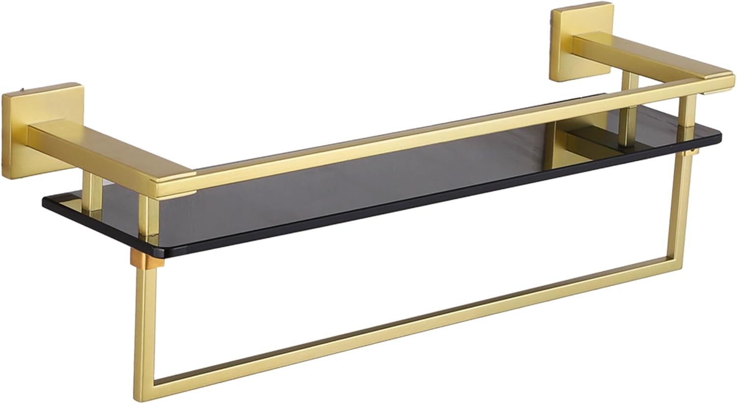 Bathroom Shelves with Bar 20 Inch Floating Tempered Glass Shelf with Towel Rails for Shower Bath Kitchen Storage Rack Wall Mounted Rustproof Stainless Steel Black and Gold?A7615GK 20-Inch?1 Bar? Black & Gold