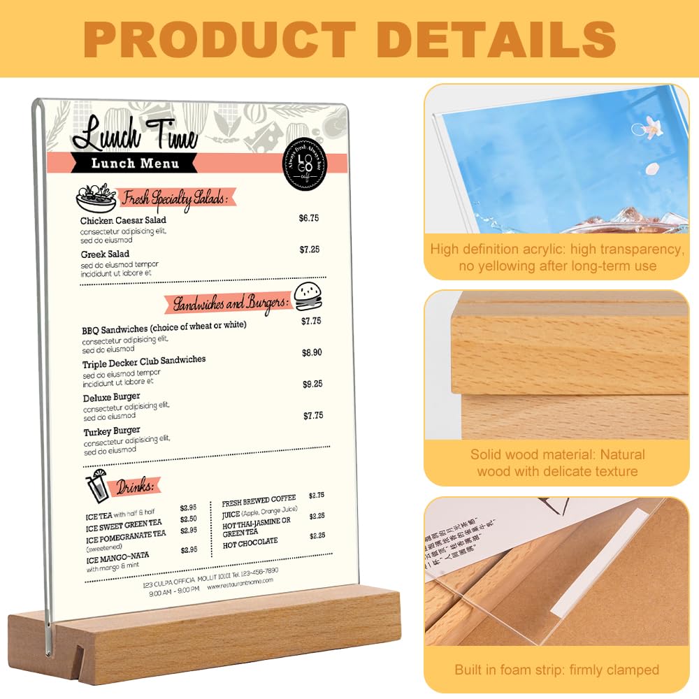 Lot de 3 Présentoirs de Table A5 en Acrylique Transparent avec Base en Bois-Porte-Affiche/Panneau Publicitaire pour Menus,Photos, Publicité (A5-6Pièces-A) | Présentoir double face pour étiquettes de prix et menu pour restaurants, cafés, bureaux