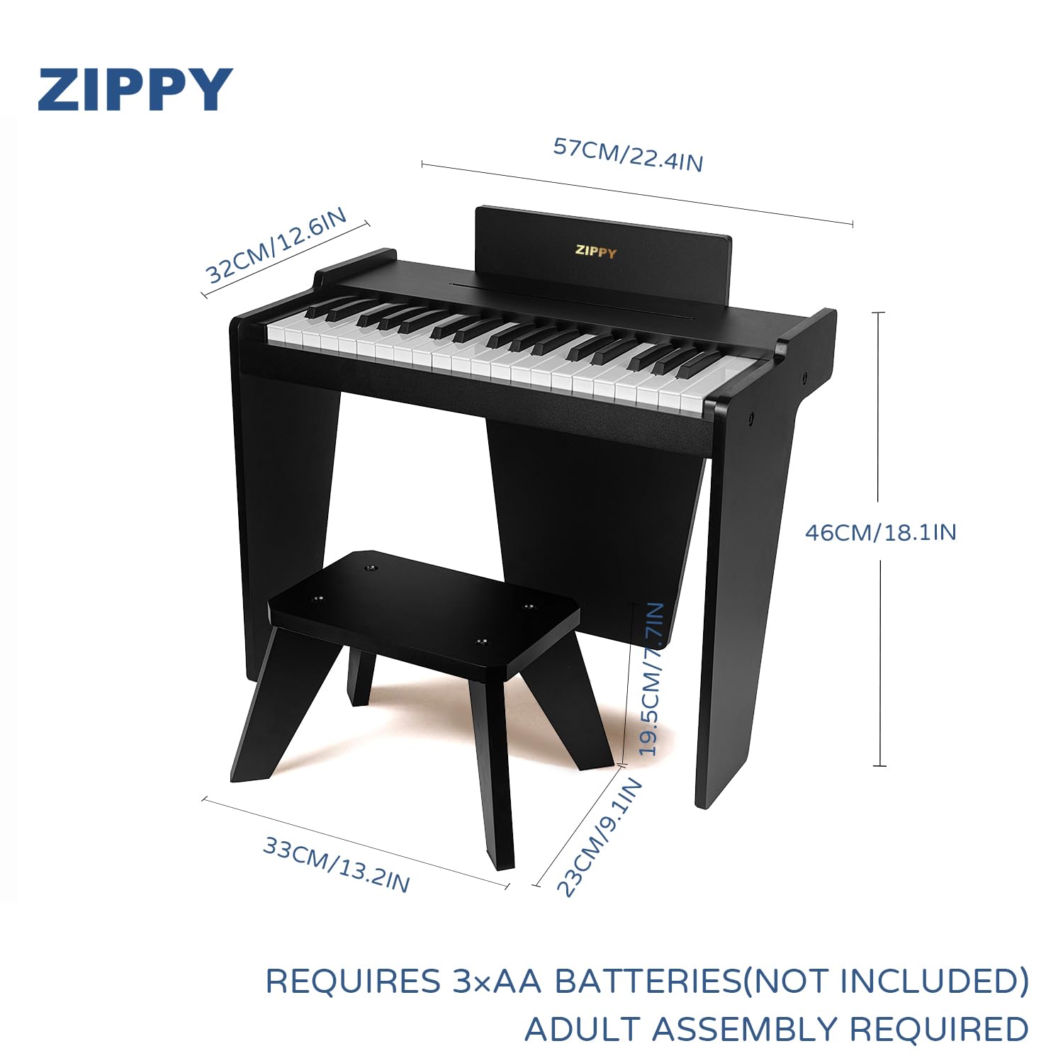 ZIPPY - Klaviertastatur für Kinder, 37 Tasten Digitales Klavier für Kinder, Musikpädagogisches Instrumentenspielzeug, Holzklavier für mehr als 3 Mädchen und Jungen, Schwarz Basic