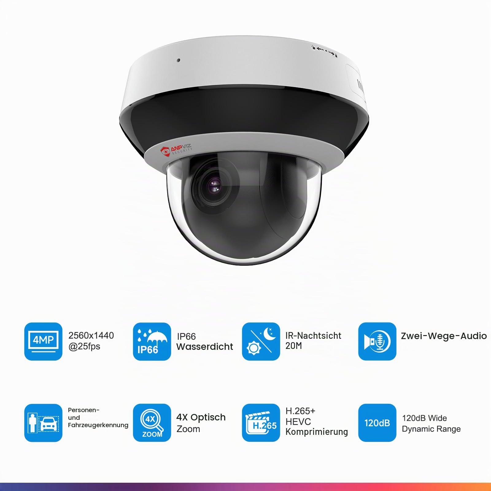 Anpviz 4MP PoE PTZ IP Kamera, Überwachungskamera Aussen | 4X Optischer Zoom, IR Nachtsicht, Personen/Autoerkennung, SD Kartensteckplatz, Mikrofon/Lautsprecher(Value Series)
