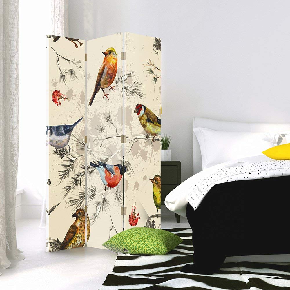 Feeby Paravent Oiseaux Branches 3 Panneaux 110x150 cm Une Seule Côté Cloison de séparation Écran Pliant Interieur Décoratif Mur Espagnol Impression sur Toile Chambre d'enfant Salon Bureau Beige