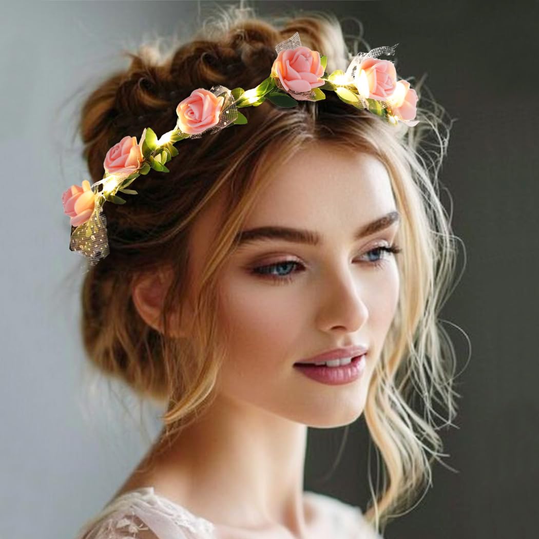 Zoestar Light Up Flower Crown Headband LED Hair Wreath Headbands Bridal Floral Headpiece Festival Party Hair Accessories for Women and Girls (Pink - Image 2