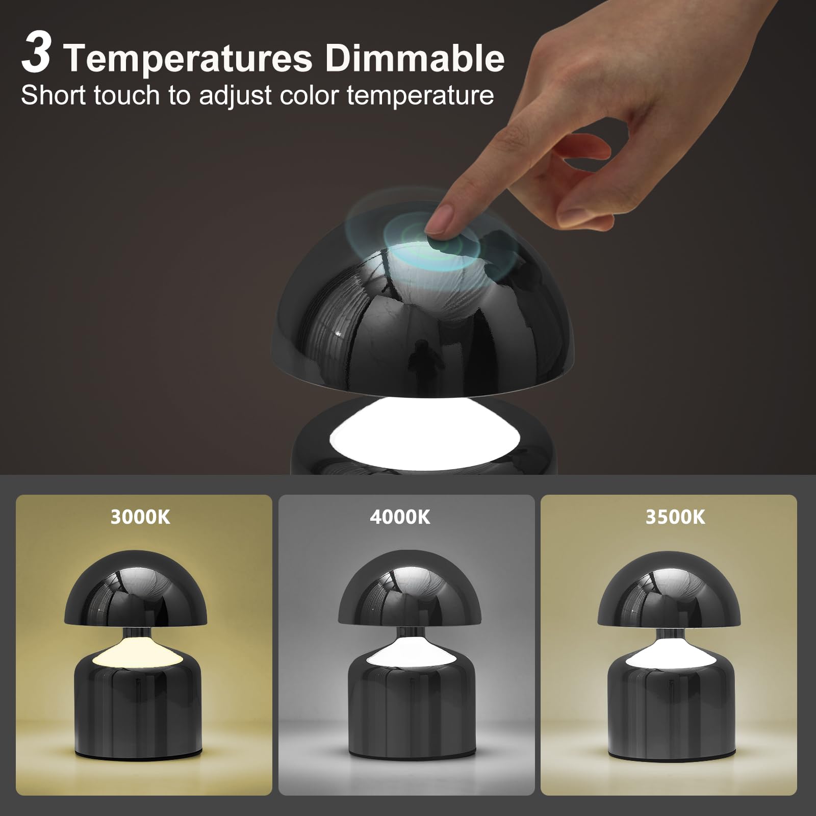 SAIWEYA Moderne schnurlose Pilz-Tischlampe, dimmbare Touch-Batterie | 3-Wege-Dimmbar, Mini Wiederaufladbare LED-Schreibtischlampe, Nachtlicht, Nachttischlampen für Schlafzimmer, Wohnzimmer