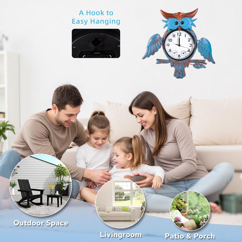 Outdoor Clock Silent Non-Ticking, Outdoor Wall Clocks with Thermometer & Humidity, Quartz Clocks Waterproof Decor for Patio Garden Living Room（Blue Owl）