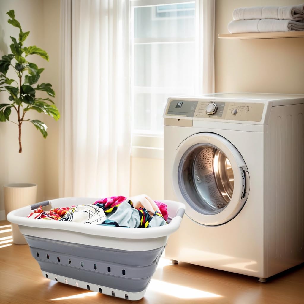 SAMMART 41 Litre Panier à linge pliable en plastique à 3 poignées – Récipient de rangement pliable – Bac à linge portable – Panier à linge économiseur d'espace (gris/gris foncé)