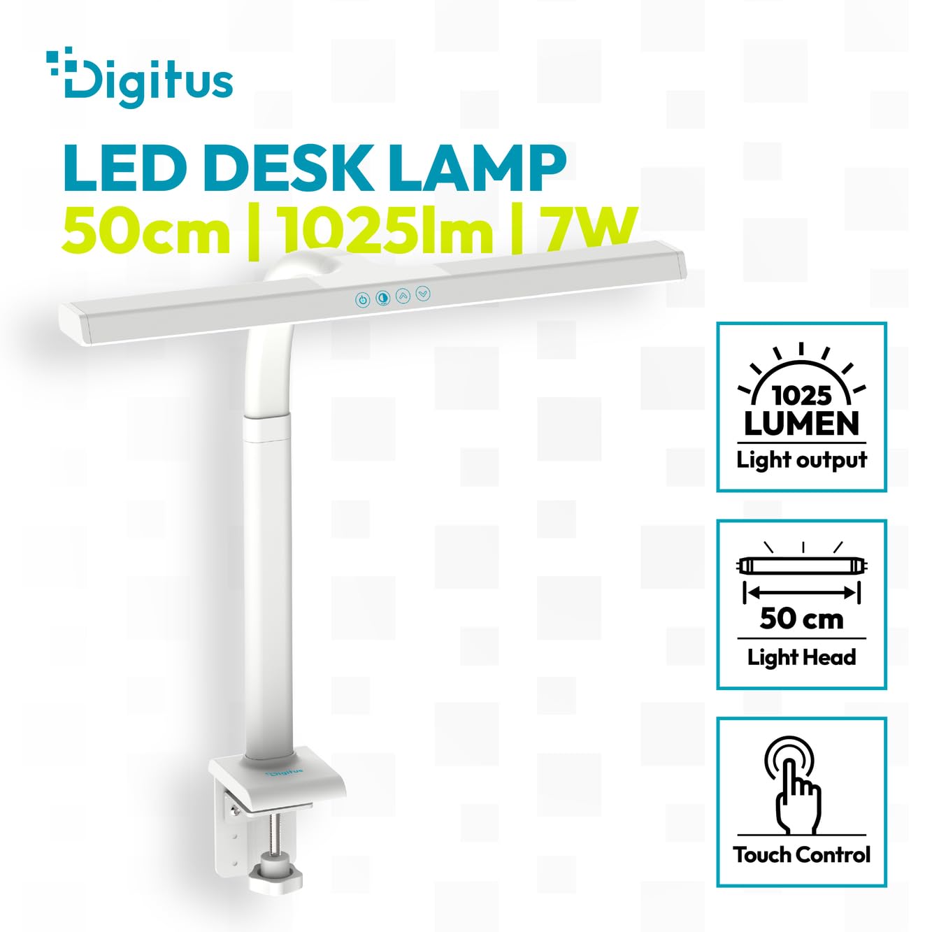 Digitus Lampada da scrivania a LED – 1025 lumen – Larghezza 50 cm – 7 W | 1000 lux – Temperatura di colore a 4 livelli – Regolabile – Controllo touch – Braccio flessibile – Base a morsetto – Bianco