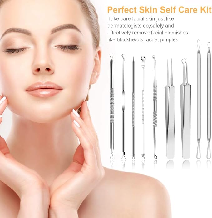 9 PCS Blackhead Remover & Pimple Popper Tool Kit with Stainless Steel Tweezers & Travel Case