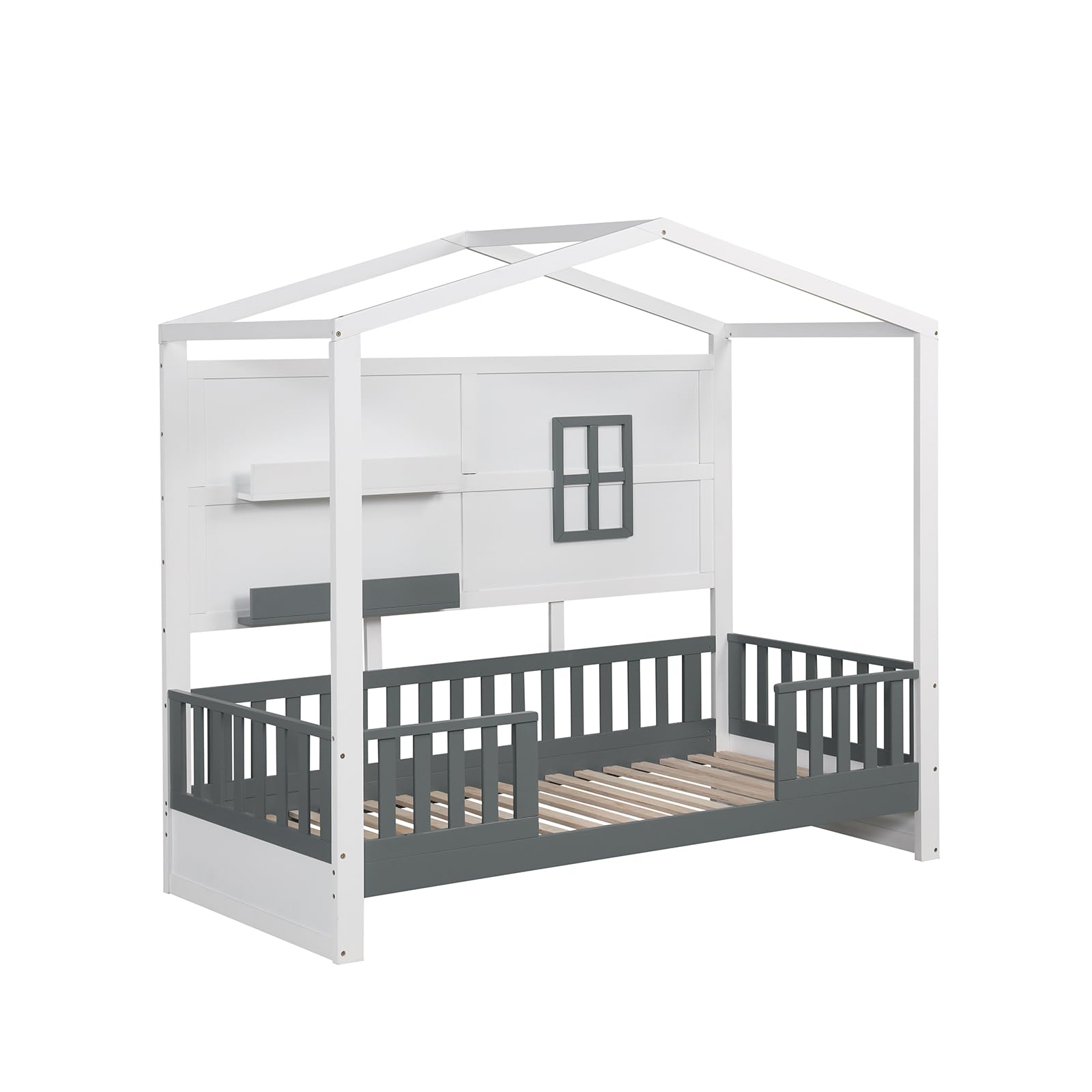 GYMAX Struttura Letto per Bambini, Carico 180 kg, Letto Singolo Montessori a Terra con Recinzione, 18 Doghe in Legno e 2 Mensole di Stoccaggio, Letto a Piattaforma in Stile Casetta, 206 x 97 x 192 cm