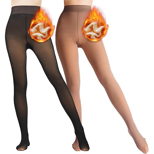 2 Pairs Women Fleece Lined Tights-Fake Translucent Leggings High Waist Pantyhose Sheer Thick Warm Tights For Women