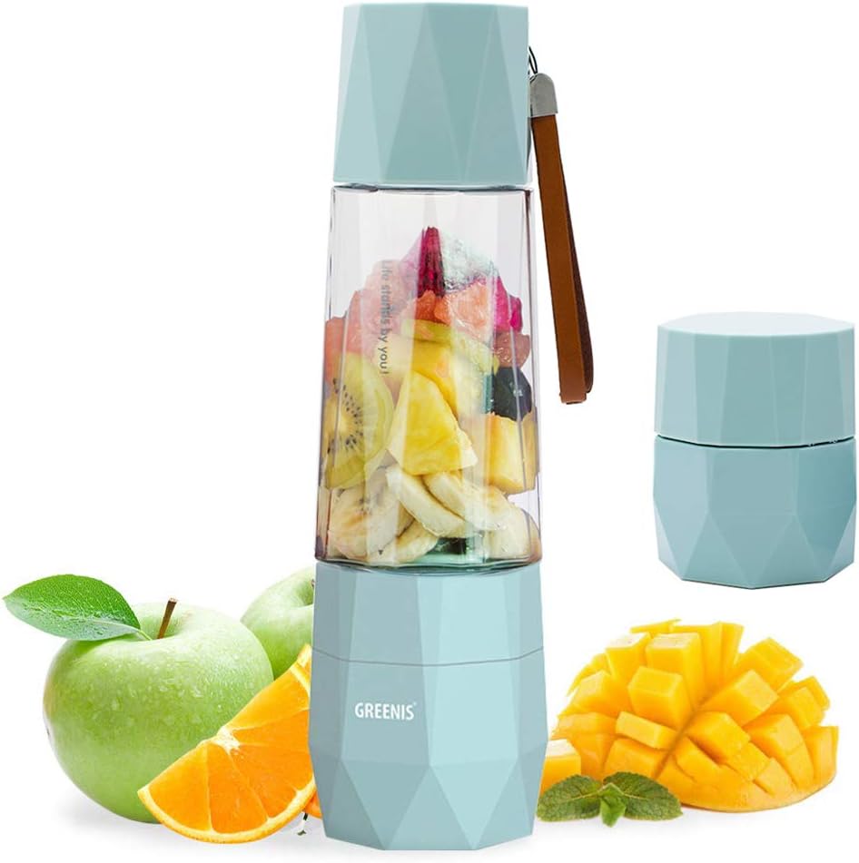 GREENIS Personal Blender - Portable Smoothies Maker - USB Rechargeable Juicer Cup with Anti Oxidation Vacuum Lid for Travel Outdoor Sports Blue