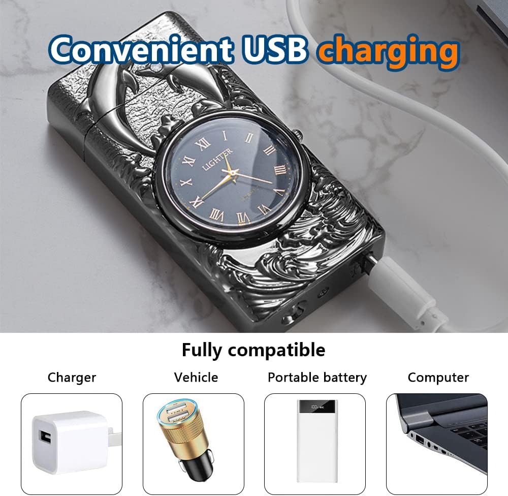 SKRFIRE Electric Rechargeable Watch Lighter for Dolphin, USB Arc lighters,Fashion Dragon Metal Lighters LED Lighting for Candles Gifts (Black Dolphin)