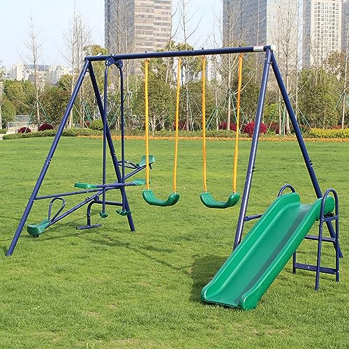 Ufyerutg 4 in 1 Multifunction Kids Swing Set for Backyard, Outdoor Duty Metal Swing Sets for Kids with 2 Adjustable Swing, 1 Glider, 1 Slide and 1 Teeter-Totter