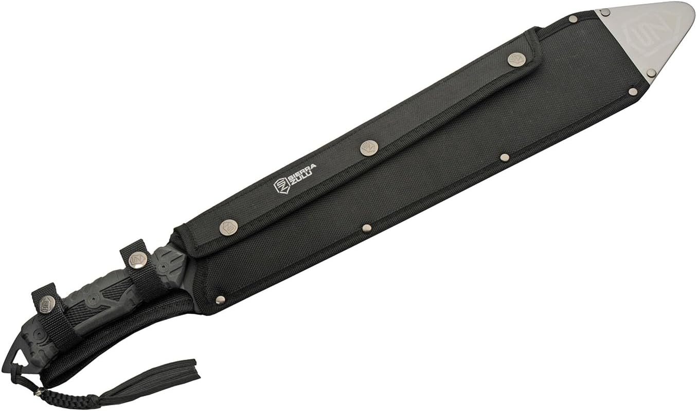 Sierra Zulu Trident Machete - Stainless Steel, 24.0 inches Overall, Modified Tanto Blade with Saw Tooth Back Edge - Tactical Nylon Sheath with Reversible Wear Strap