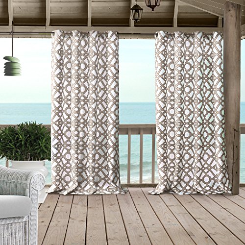 Elrene Home Fashions Marin Indoor/Outdoor Geometric Ironwork Print Grommet Window Curtain Panel for Patio, Pergola, Porch, Deck, and Lanai, 50"x108", Natural