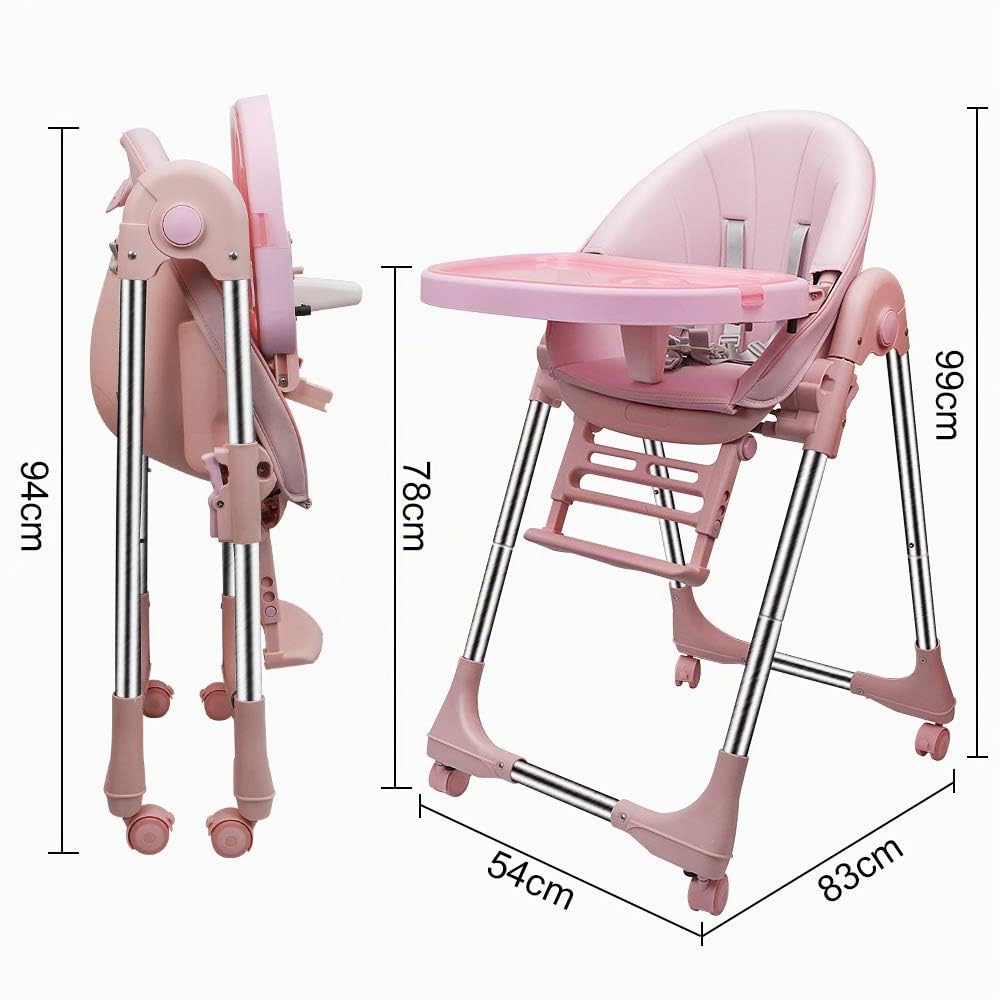 Trona para Bebe Evolutiva, Trona para bebés Plegable con bandeja extraíble, Tronas bebe Ajustable 5 Alturas, 4 ruedas, Rosa