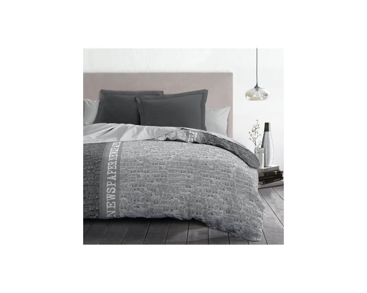Home Linge Passion 62111 Parure de Couette Microfibre Newspaper, 1 Housse de Couette, 2 taies, Gris