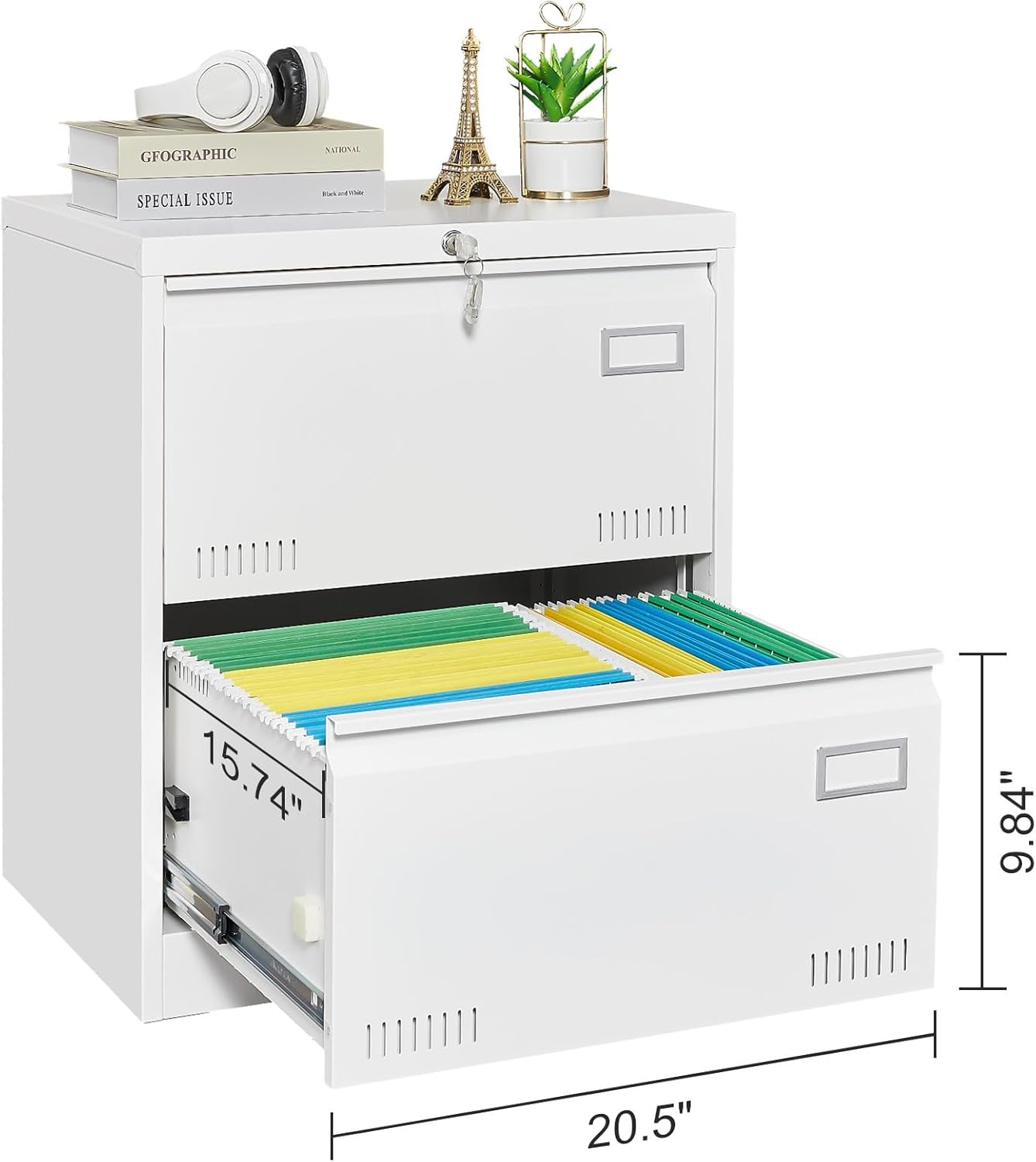 Ball & Cast 2 Drawer Lateral File Cabinet with Lock and Card Holder, Multifunctional Metal Filing Cabinets w/Heavy 3 Section Slide Rail & Breathable Holes,for Legal/Letter/A4,White