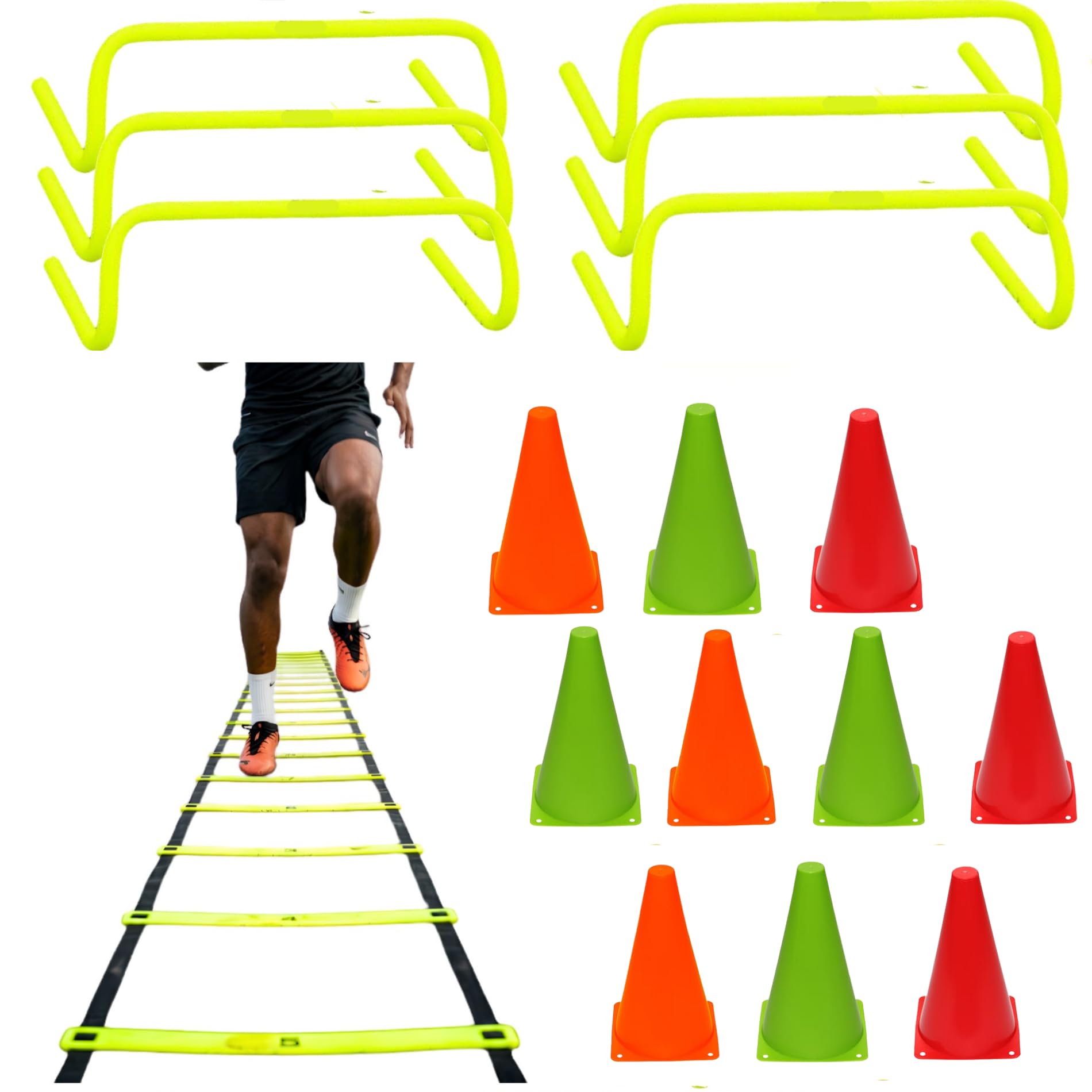 Complete Agility Training Set with Speed Ladder, Hurdles & Cones | 6 Hurdles & 10 Cones, 4 Metre Speed Ladder, 10 Rungs Ladder, 6 Inch Height Hurdles, Speed & Coordination-image-23