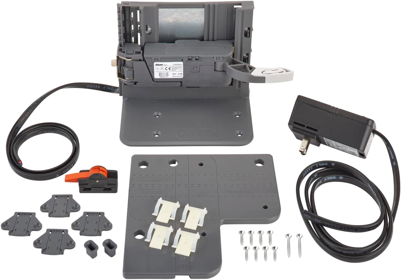 Rev-A-Shelf SERVO-DRIVE Kit components including the main drive unit, power adapter, cable, and mounting hardware.
