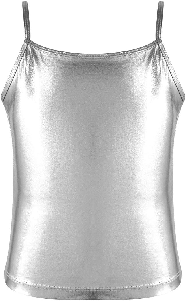 Shiny Metallic Camisole Tank Top for Girls Party Jazz Modern Dance wear Performing Crop Top Vest Tee Shirts Silver 6