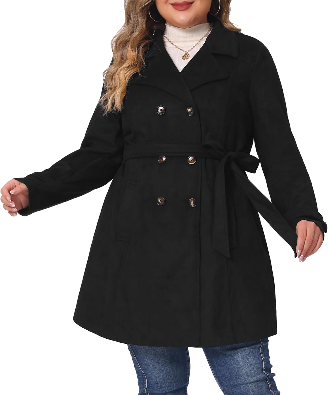 Agnes Orinda Plus Size Trench Coats for Women Faux Suede Jackets Notched Lapel Double Breasted Coat Jacket - Image 2