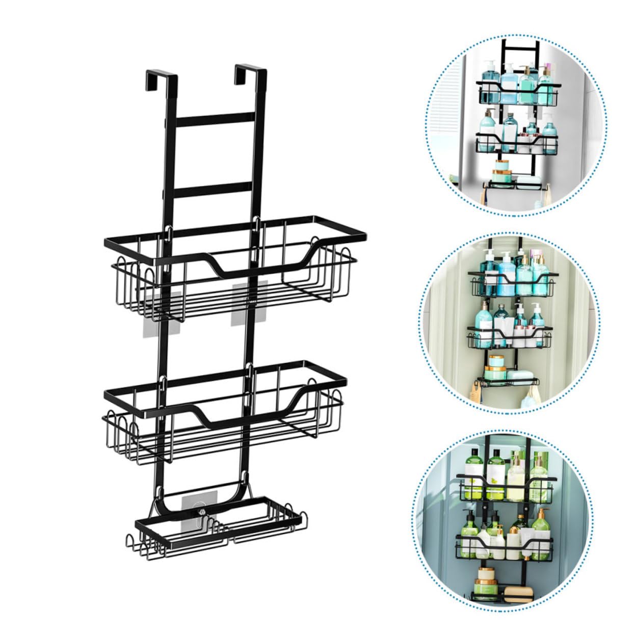 Portaoggetti Doccia 3 Livelli in Ferro Nero per Bagno e Cucina | Design a Rete, Uso Multiplo, Struttura da Appendere Oltre Porta senza Forare