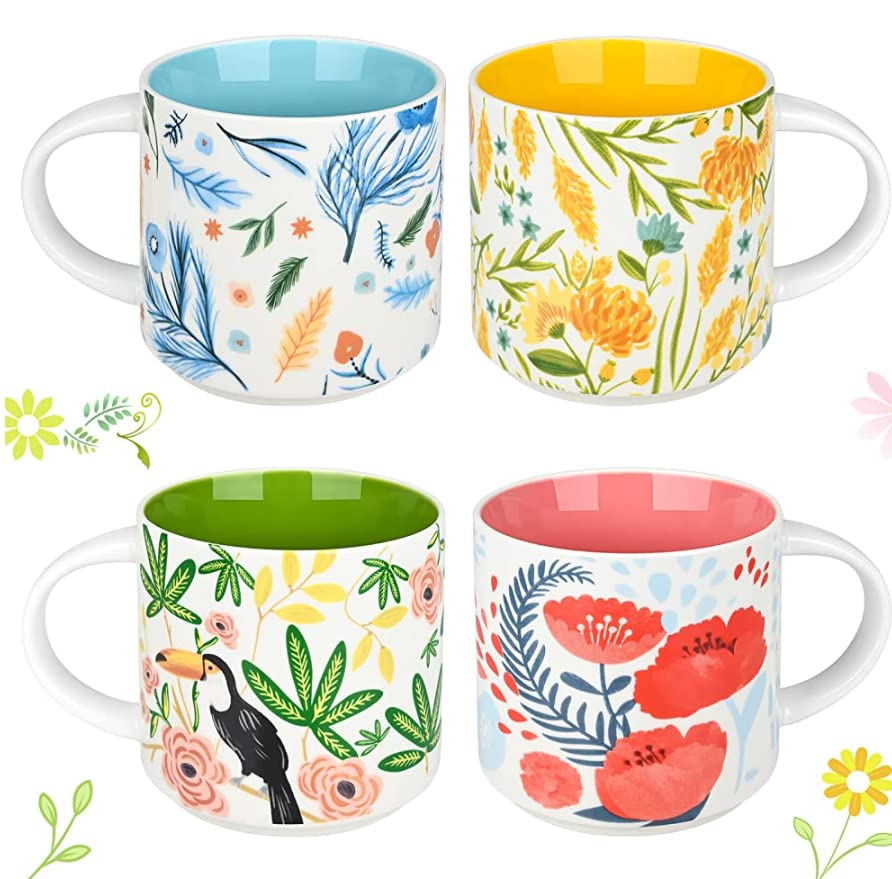 Yoiemivy Set of 4 Ceramic Coffee Mugs 16 Oz Large Vintage Floral Tea Cups with Handles Cute Flower Aesthetic Mug Solid Restaurant Porcelain Tea Mug for Christmas Gifts