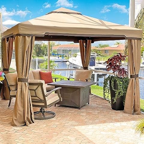 SUNCROWN 10 x 10 FT Outdoor Gazebo for Patio Iron Frame Garden Permanent Gazebo with Vented Soft Canopy and Mosquito Netting, Khaki Cover