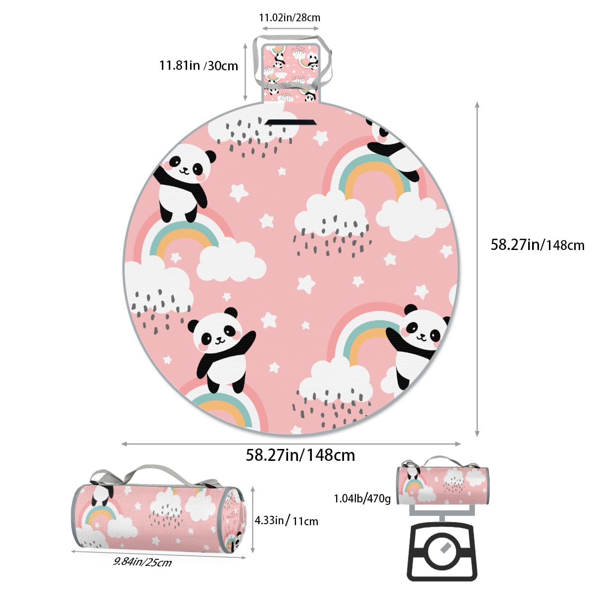 Shimoshe Rainbow Panda Picnic Outdoor Blanket Foldable Waterproof Sandproof Beach Blanket Portable Water-Resistant Round Picnic Mat for Travel Camping Park Lawn