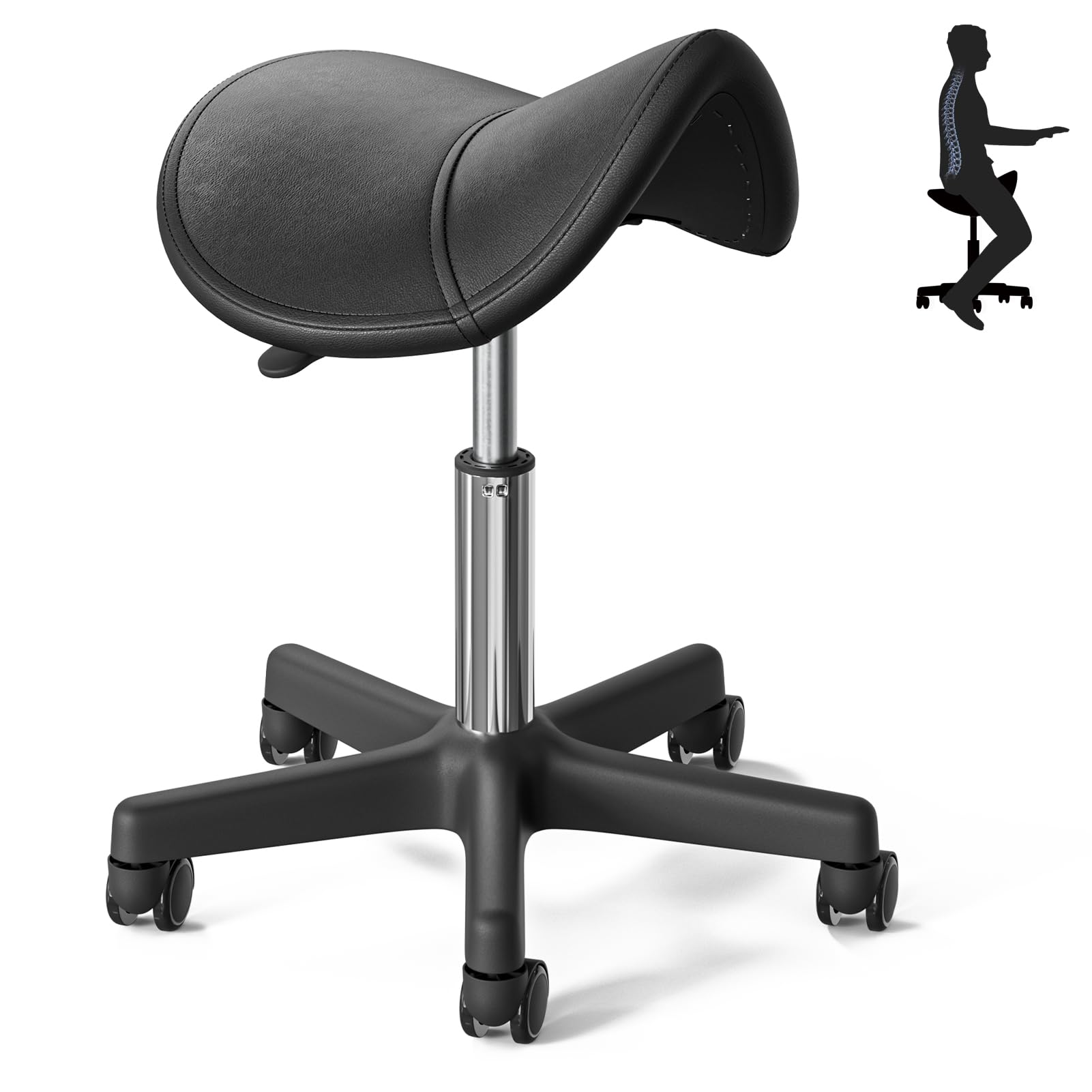 Taburete con ruedas con capacidad para hasta 350 libras, altura ajustable, patas de nailon con ruedas para spa, masaje, salón, hogar, oficina, médico, tatuaje, bar, negro