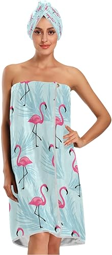 ATTX Toalla de hoja azul flamenco con gorro de pelo seco y diadema para mujer, cómoda envoltura de ducha y baño con cierre ajustable
